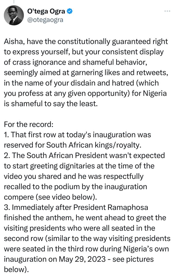 Presidential aides tackle Aisha Yesufu over her comments about President Tinubu allegedly being snubbed by SA President, Cyril Ramaphosa