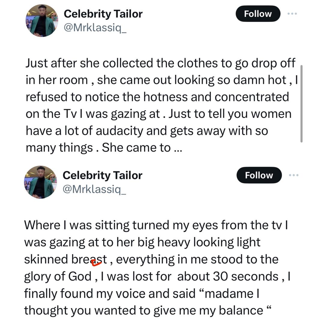 X-stories: Nigerian tailor recounts how his false claim of having HIV stopped a married woman from having sex with him in her matrimonial home