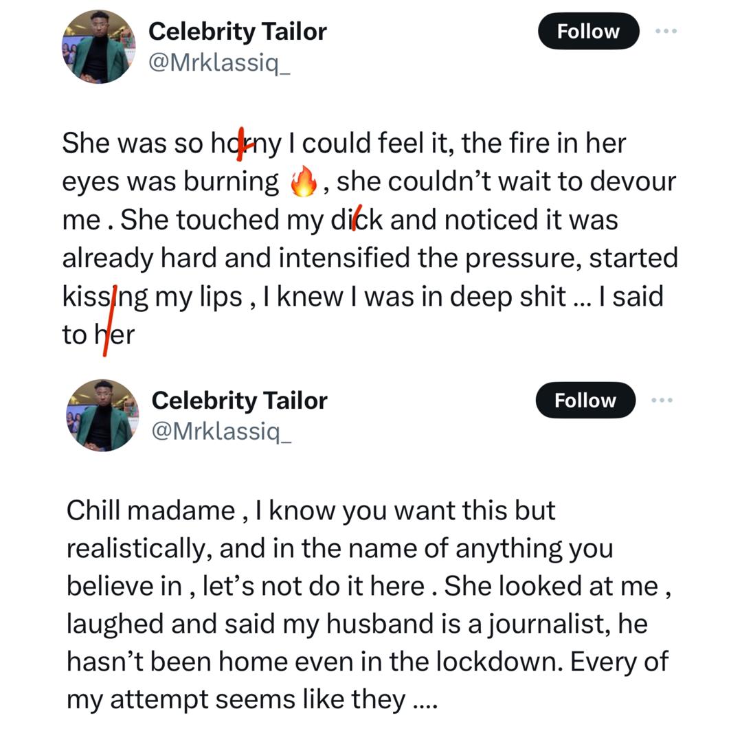 X-stories: Nigerian tailor recounts how his false claim of having HIV stopped a married woman from having sex with him in her matrimonial home
