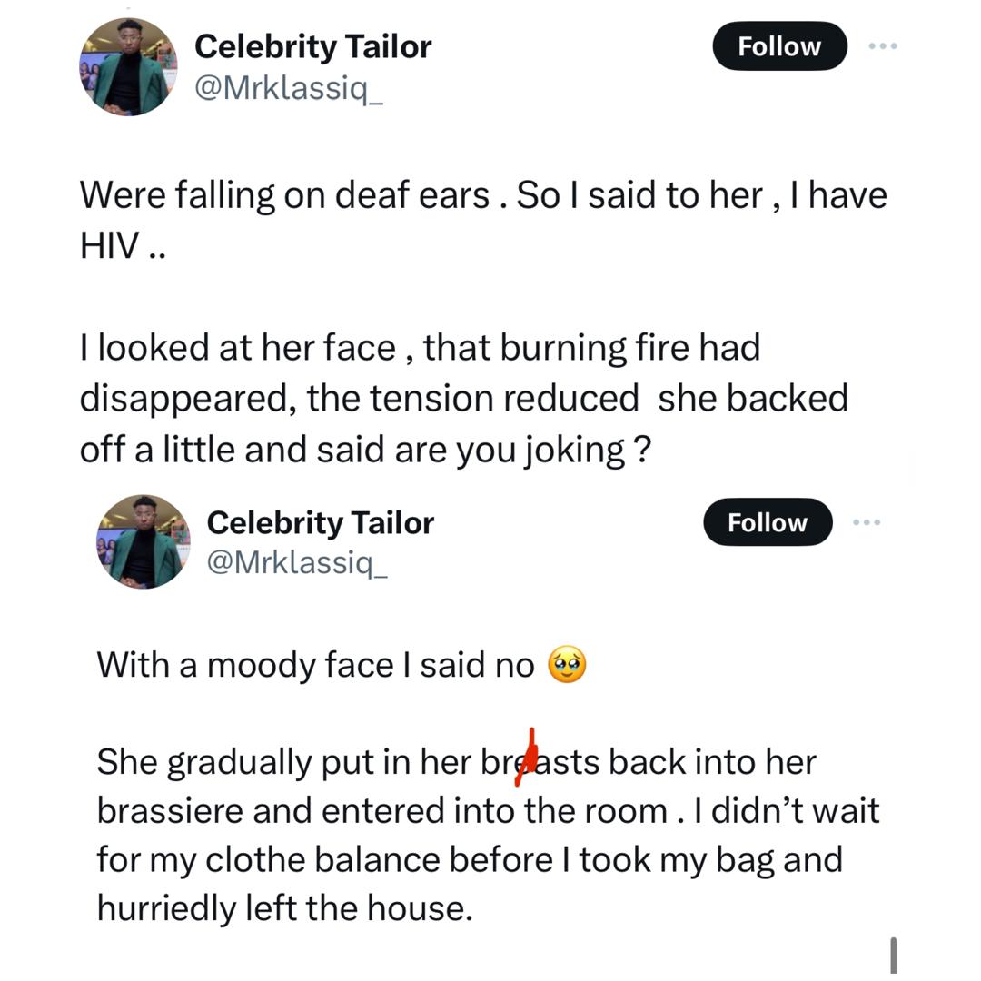 X-stories: Nigerian tailor recounts how his false claim of having HIV stopped a married woman from having sex with him in her matrimonial home