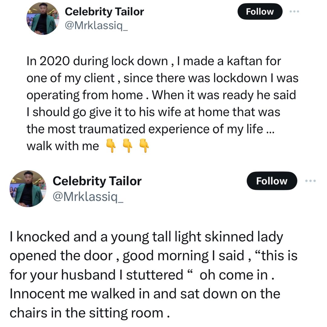 X-stories: Nigerian tailor recounts how his false claim of having HIV stopped a married woman from having sex with him in her matrimonial home