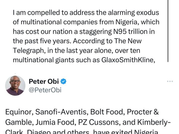 Peter Obi decries the alarming spate at which Multinational companies are exiting Nigeria