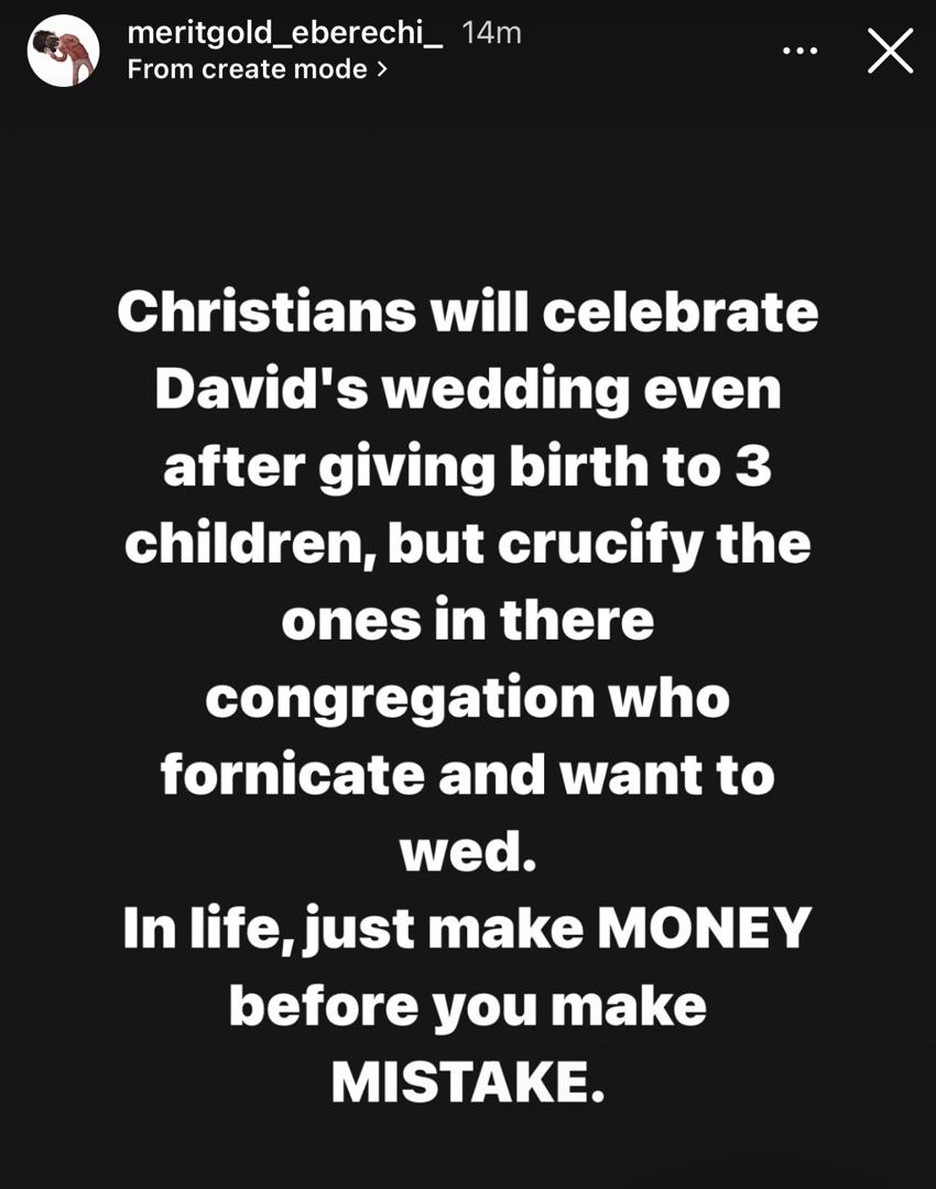 Actress Merit Gold criticizes Christians who are celebrating Davido and Chioma