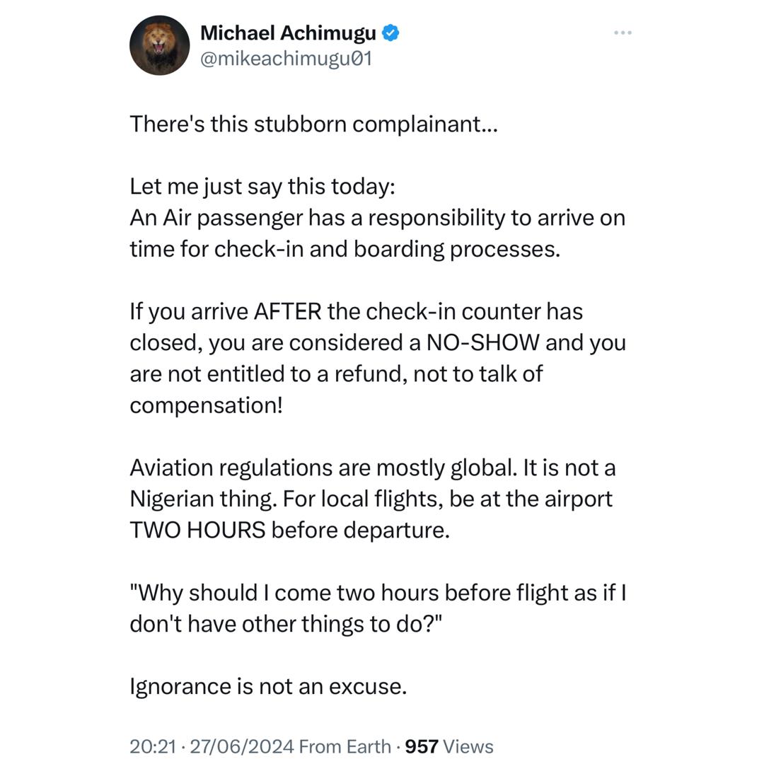 Be at the airport two hours before departure. You are not entitled to a refund or compensation if you arrive after check-in - NCAA Public Affairs manager warns Nigerians