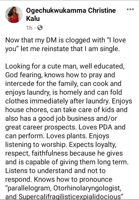 US-based Nigerian lady is seeking educated man who can cook, do laundry, enjoys house chores, loves PDA and can ?perform?