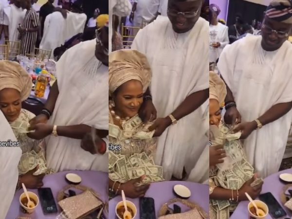 Mercy Aigbe’s husband, Kazim Adeoti’s first wife, Funsho, looks unbothered as he sprays her at a party in the US (video)