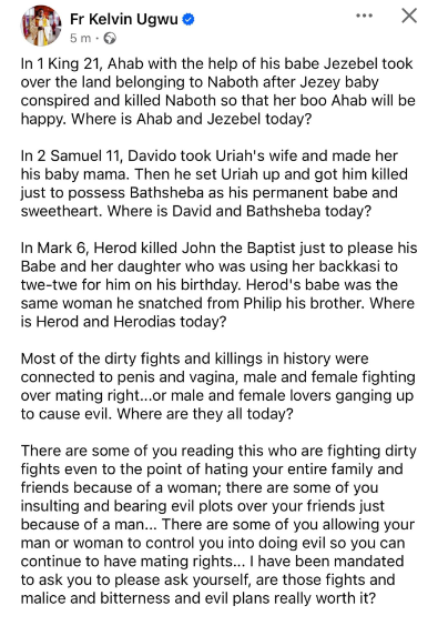 Most of the dirty f!ghts and k!llings in history were connected to p�nis and v@gina - Nigerian Catholic priest says