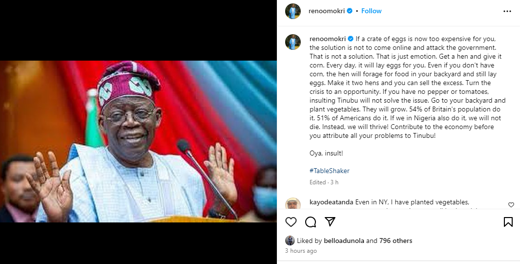 Get a hen and give it corn. Every day, it will lay eggs for you - Reno Omokri tells Nigerians complaining about the price of eggs