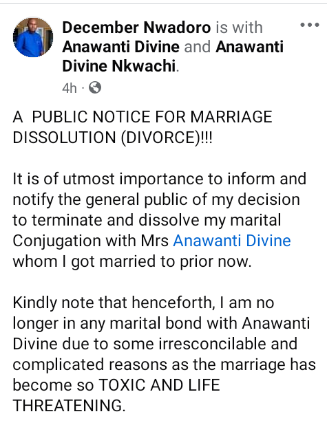It has become toxic and life threatening - Nigerian man publicly announces end of his marriage