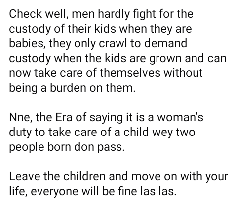 "If you don?t have any source of income, drop those children for their father" - Nigerian lady advises single mothers after woman abandoned her husband and child