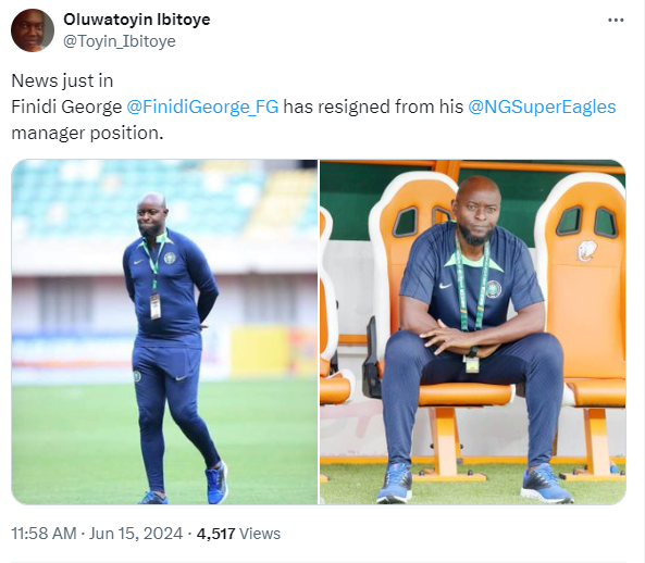 Finidi George reportedly resigns as Super Eagles coach