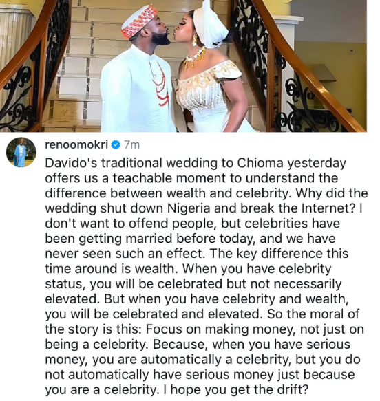 ??Celebrities have been getting married before today, and we have never seen such an effect?? - Reno Omokri writes on why Davido and Chioma?s wedding shut down Nigeria and broke the internet