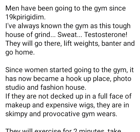 Since women started going to the gym, it has now became a hook up place, photo studio and fashion house – Nigerian lady says