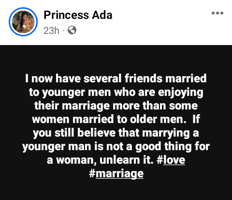 My friends married to younger men are enjoying their marriage more than some women married to older men – Nigerian lady says