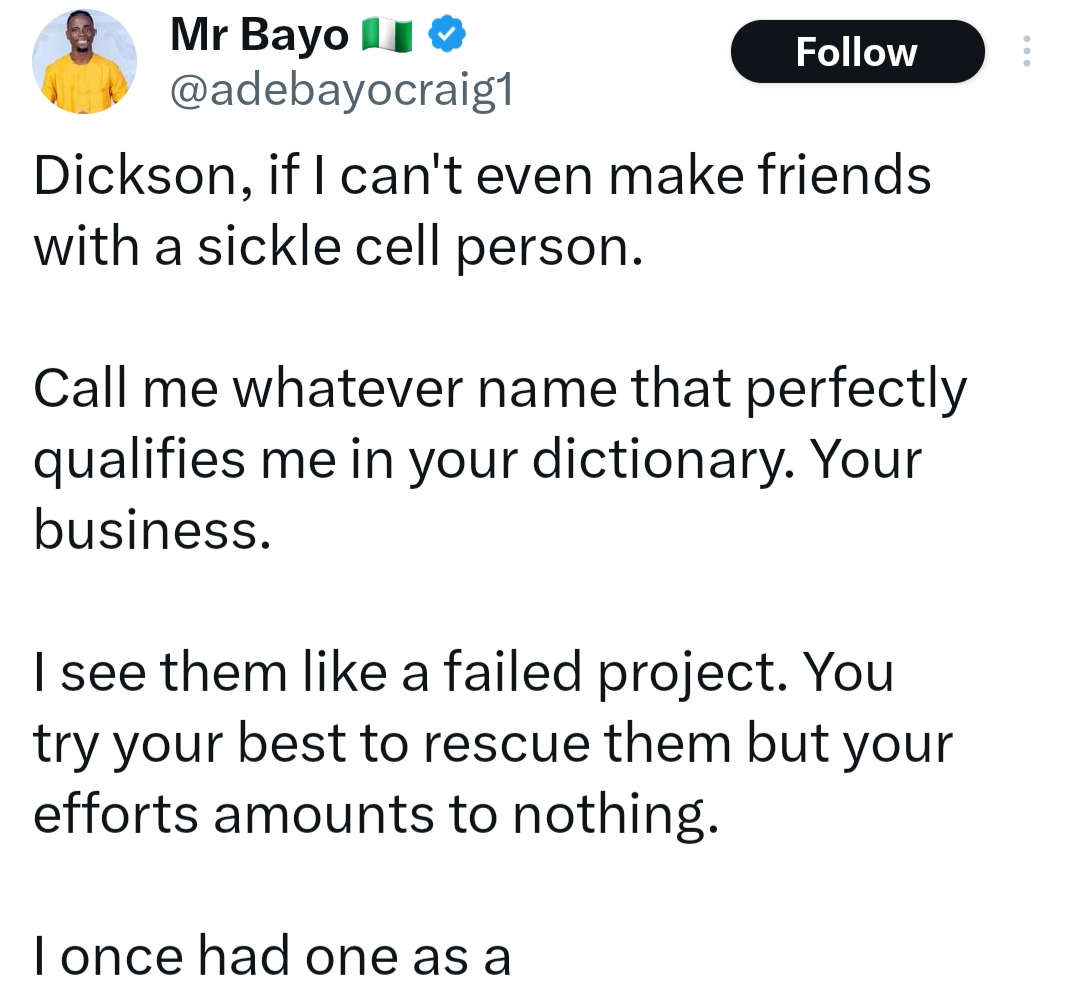 “I see sicklers like a failed project” Academic writer says he can’t be friends with a person with SS genotype