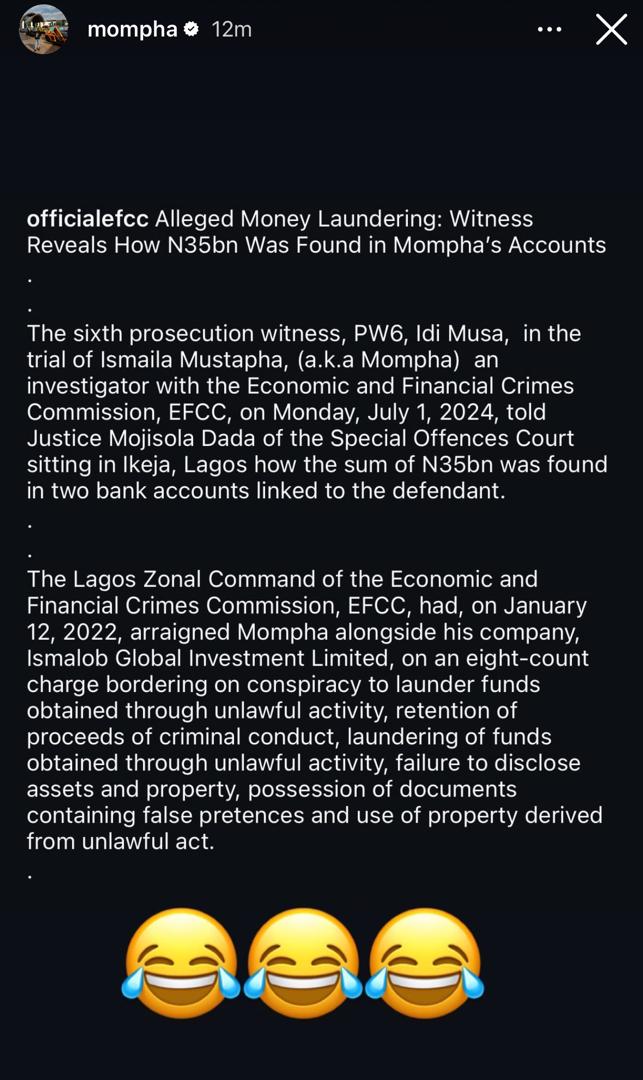 EFCC blasts Mompha and asks him to prove his allegations that they are the most corrupt agency in Nigeria