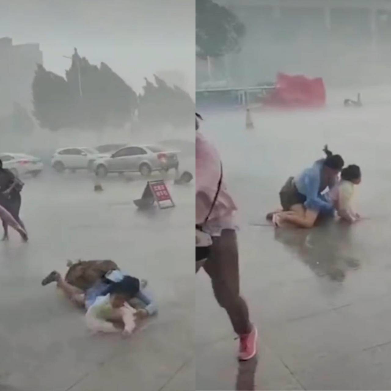 Mother and daughter swept off by intense wind in China in shocking video