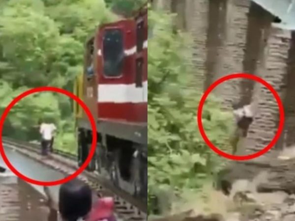 Newlyweds posing for photoshoot on railway bridge escape with serious injuries as they jump 90-feet to escape oncoming train