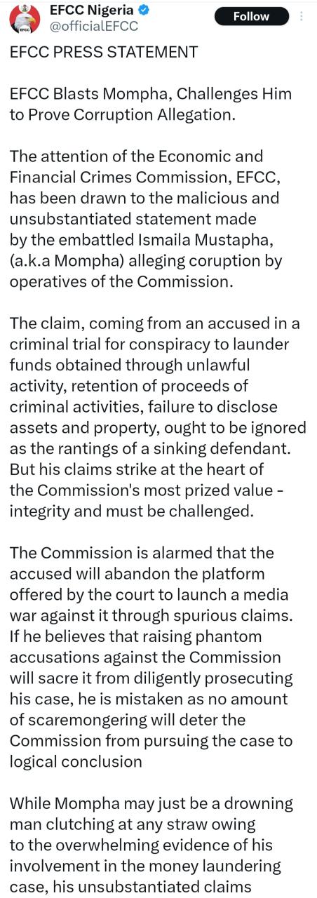 EFCC blasts Mompha and asks him to prove his allegations that they are the most corrupt agency in Nigeria