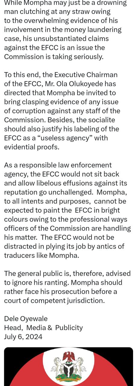 EFCC blasts Mompha and asks him to prove his allegations that they are the most corrupt agency in Nigeria