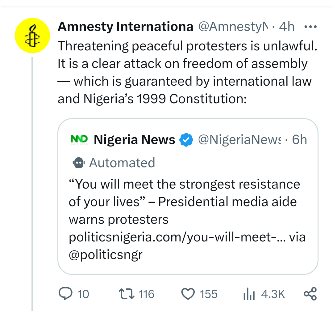 Don?t deny Nigerians right to protest ? Amnesty International warns FG over planned protests