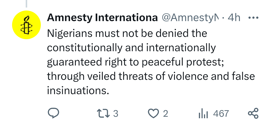 Don?t deny Nigerians right to protest ? Amnesty International warns FG over planned protests