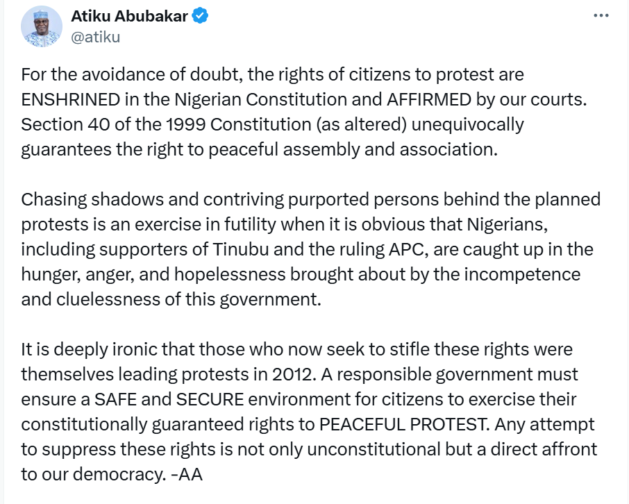 Those who now want to stifle the right of protesters were leading a protest themselves in 2012 - Atiku Abubakar