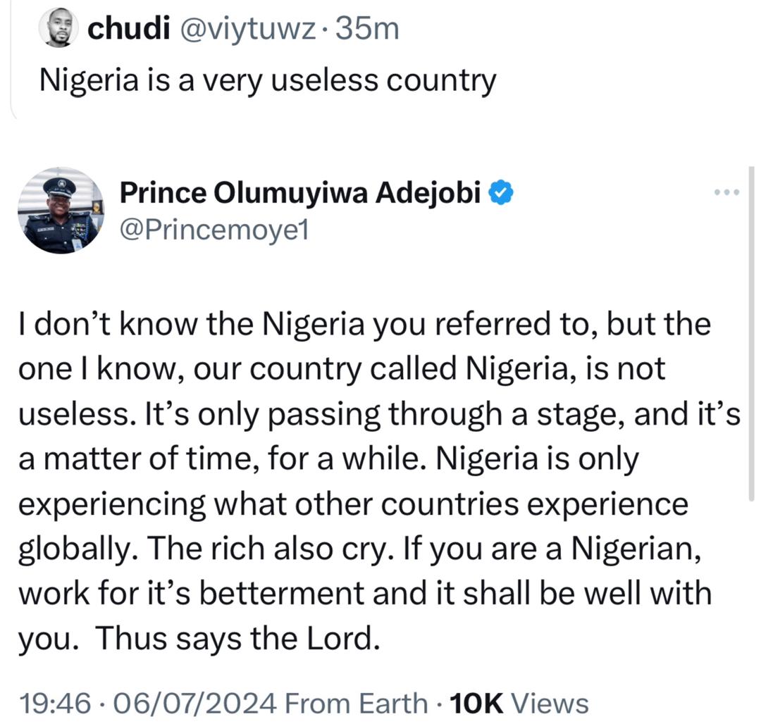 Force PRO, Olumuyiwa Adejobi, replies X-user who said Nigeria is a ?useless country?