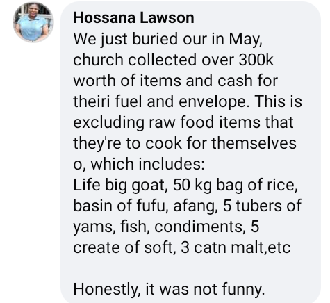 Church collected over N300k worth of items, cash, big goat, 50 kg bag of rice, tubers of yam, crates of drinks from us to conduct funeral – Nigerian lady says