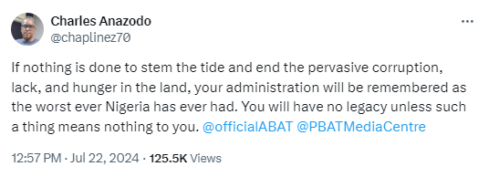 ?If nothing is done to stem the tide and hunger in the land, your administration will be remembered as the worst ever?- Charles Anazodo writes President Tinubu