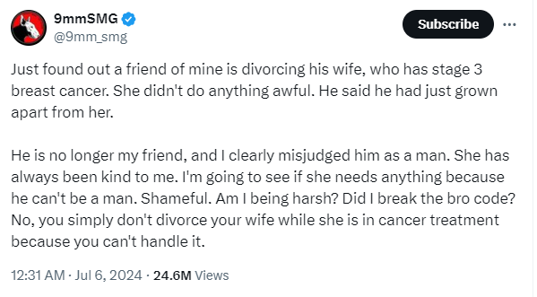 Man cuts off from his friend for divorcing his wife who has stage 3 breast cancer