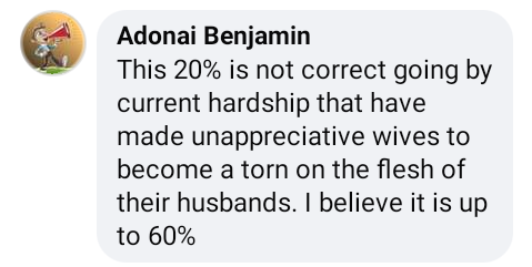 20% of men come home late at night due to disrespect from their wives - Nigerian man says