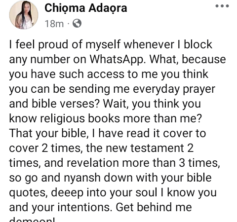 You think you know religious books more than me? – Nigerian female herbalist slams people sending prayer and bible verses to her