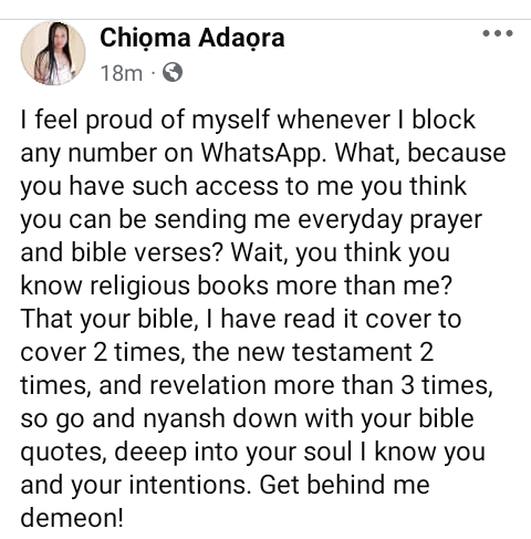 You think you know religious books more than me? – Nigerian female herbalist slams people sending prayer and bible verses to her