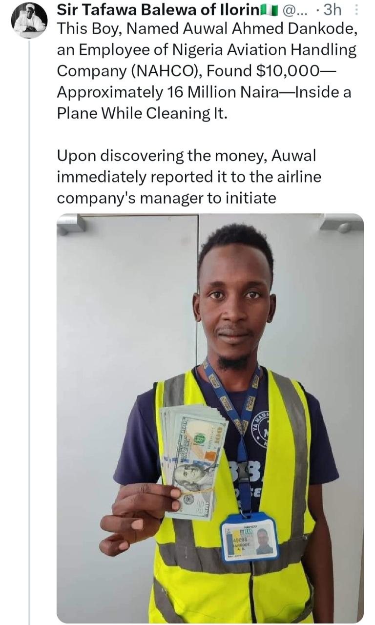 Kano airport cleaner returns ,000 found in aircraft