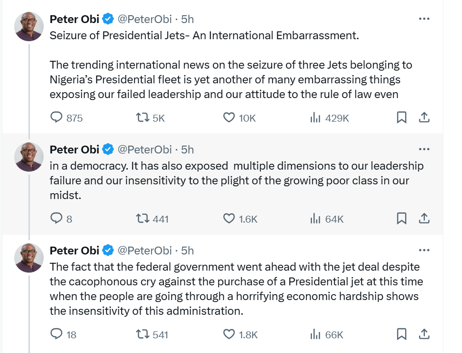 The fact that FG went ahead with purchase of Presidential jet despite cacophonous cry against it shows insensitivity of this administration - Peter Obi reacts to confirmation of Chinese firm attempting to seize Nigerian assets