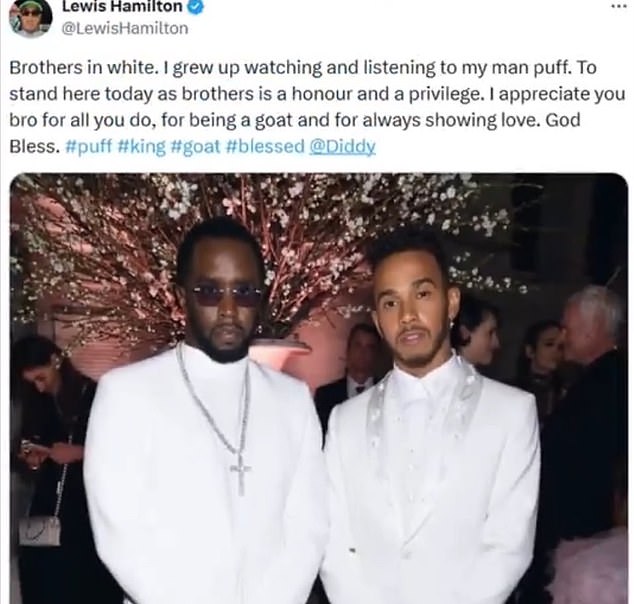 Formula One racing star, Lewis Hamilton deletes post that called Diddy a 