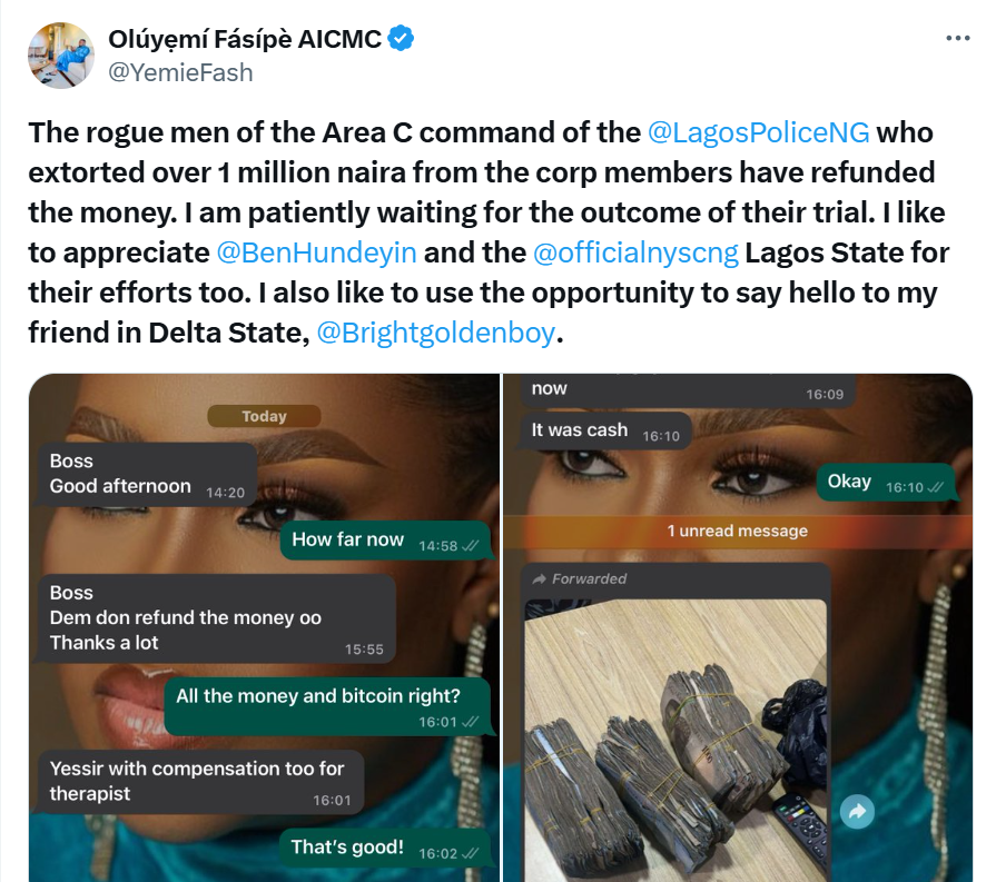 Police return N1m extorted from corps members