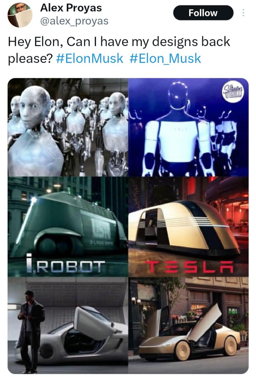 "Hey Elon, can I have y designs back please?" I, Robot director accuses Elon Musk of taking his ideas for new Tesla Robot, Van and more