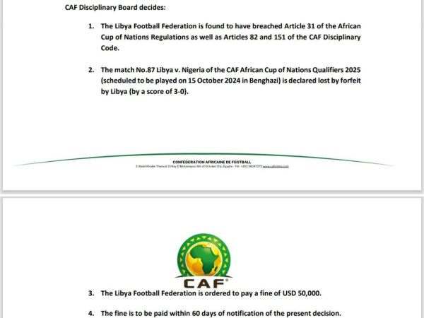 AFCON Qualifiers: CAF hands victory to Nigeria, fines Libya $50,000