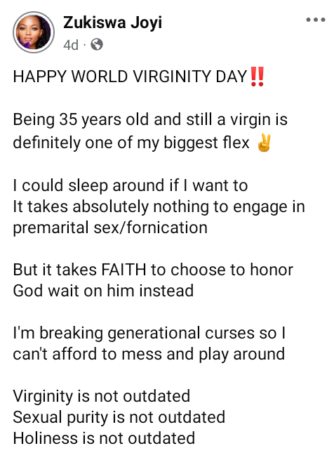 One of the worst things that happened to the church of Jesus is social media - 35-year-old South African virgin says