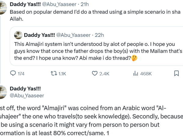 Every Almajiri must own a voters card and this is used to negotiate with politicians during election – Twitter user explains how Almajiri system works in the North