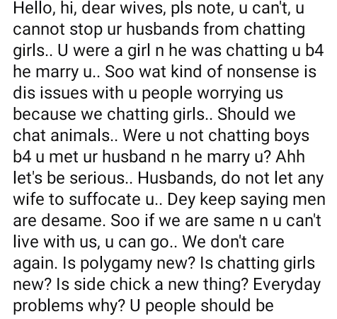 You cannot stop your husbands from chatting with girls – Married man berates wives