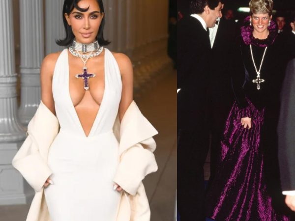 Kim Kardashian publicly debuts Princess Diana’s Amethyst Cross Necklace which she famously wore in 1987 (photos)
