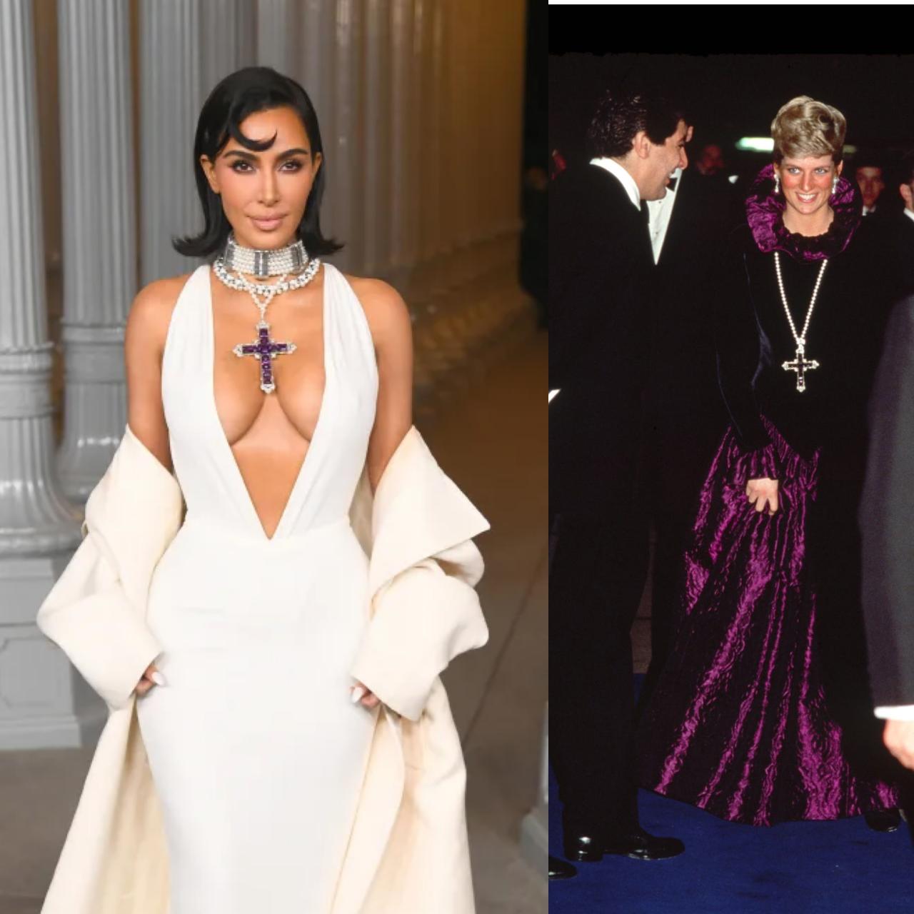 Kim Kardashian publicly debuts Princess Diana’s Amethyst Cross Necklace which she famously wore in 1987 (photos)