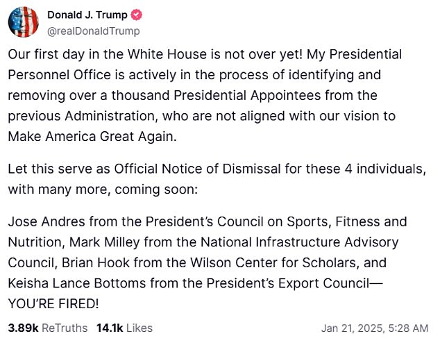 US President Donald Trump announces plan to fire thousands of White House staff