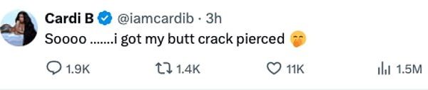 Rapper, Cardi B reveals she pierced her b^tt crack, shares photo after fans cast doubt