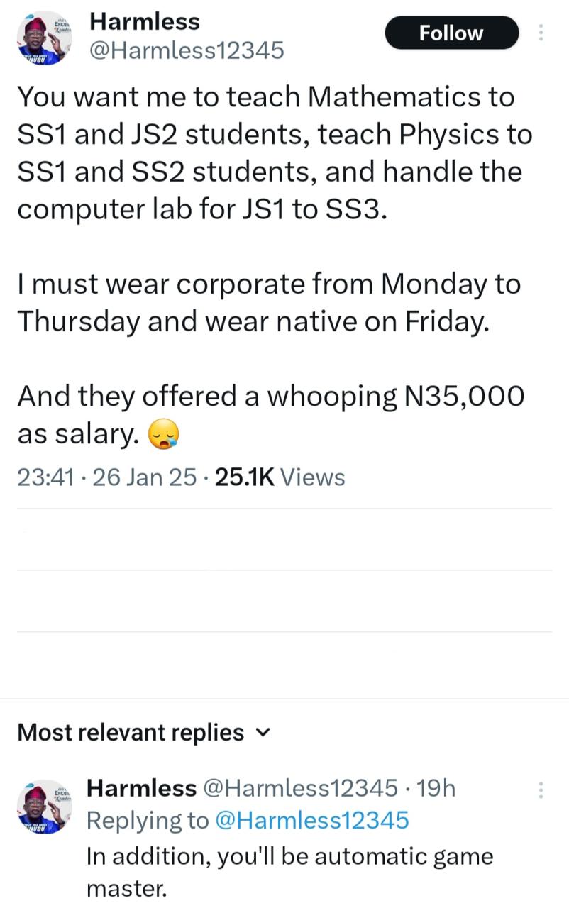 Man reveals salary he was offered to teach three different subjects to multiple classes while adhering to a strict dress code
