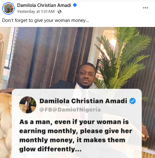 Give your woman monthly money even if she is earning salary – Nigerian man advises men
