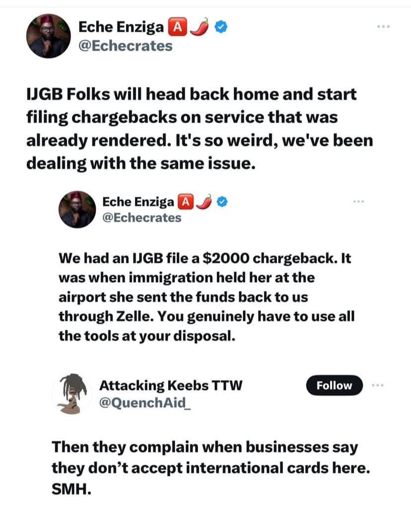 IJGB?s accused of demanding chargebacks from their banks after returning home following detty December in Nigeria